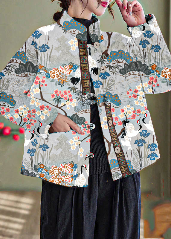 Blue-dragon Print Pockets Cotton Filled Parka Winter