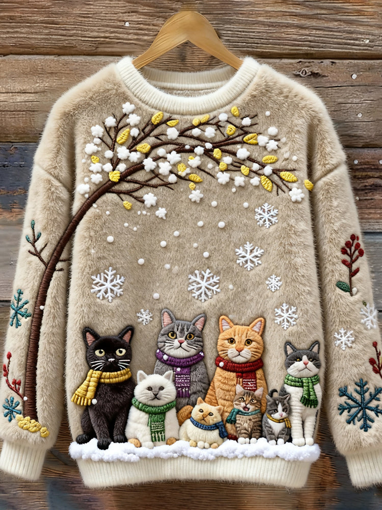 Cotton Sweater Beige with Cats Under Snowy Tree with Scarves
