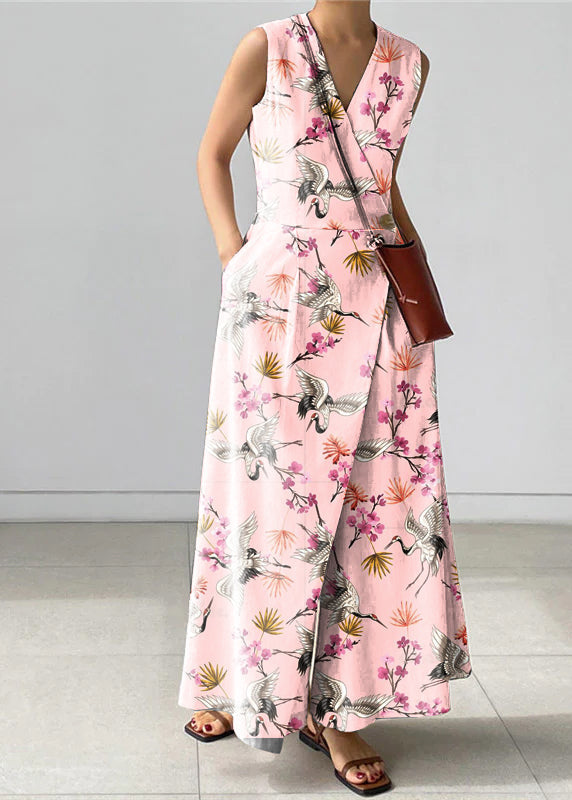 Beige V Neck Button Pockets Jumpsuit Pants Summer