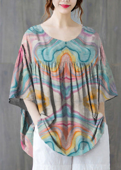 Blue Texture O-neck Wrinkled Cotton Tank Tops Half Sleeve