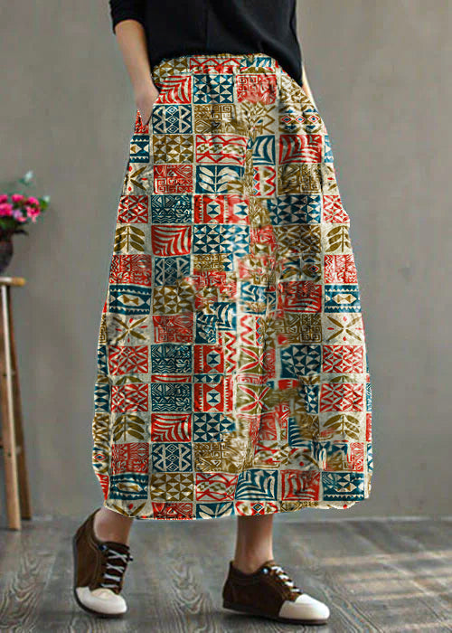 Black - Texture Elastic Waist Patchwork Print Fine Cotton Filled Skirt Winter