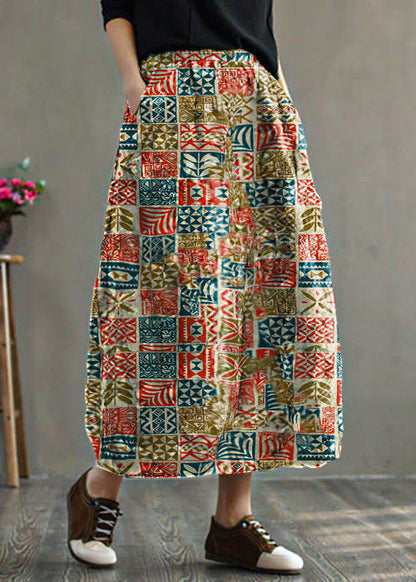 Grey- Elastic Waist Patchwork Print Fine Cotton Filled Skirt Winter