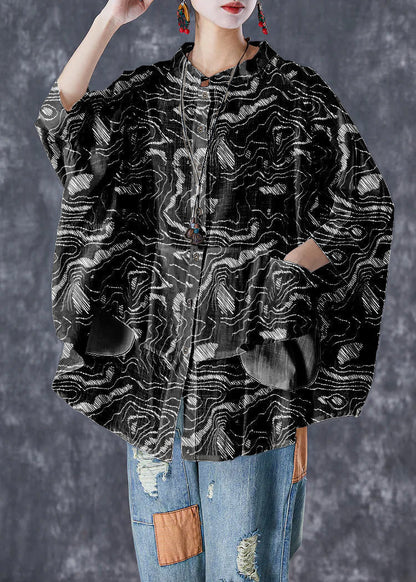 Gray-camouflage Stand Collar Patchwork Linen Shirt Tops Batwing Sleeve