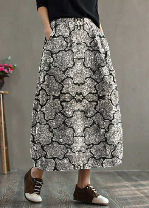 Grey- Elastic Waist Patchwork Print Fine Cotton Filled Skirt Winter