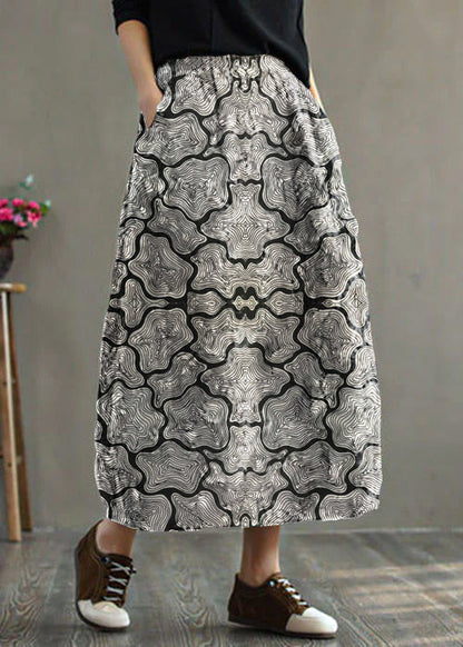 Black - Texture Elastic Waist Patchwork Print Fine Cotton Filled Skirt Winter