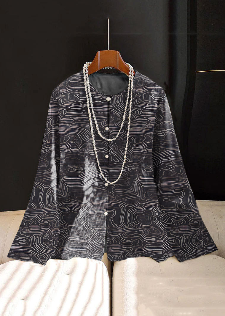 Chinese Style Black Flower Print Button Silk Coat Long Sleeve