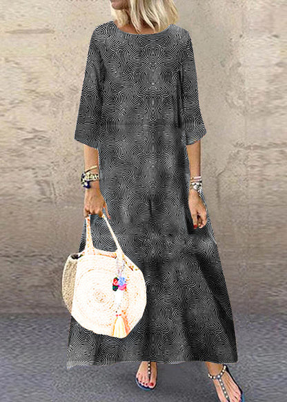 Khaki O-neck Plaid Maxi Dresses Half Sleeve
