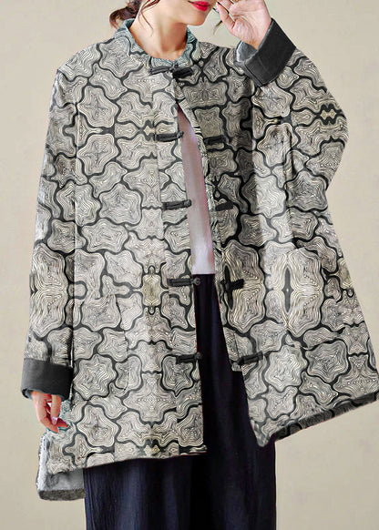 Organic Black Texture Oversized Print Fine Cotton Filled Coat Outwear Winter
