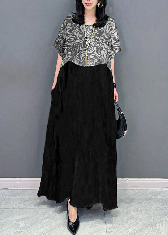 Black Cashew Nuts O Neck Pockets Print Patchwork Silk Long Dresses Summer