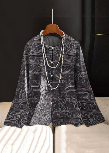 Chinese Style Yellow Flower Print Button Silk Coat Long Sleeve