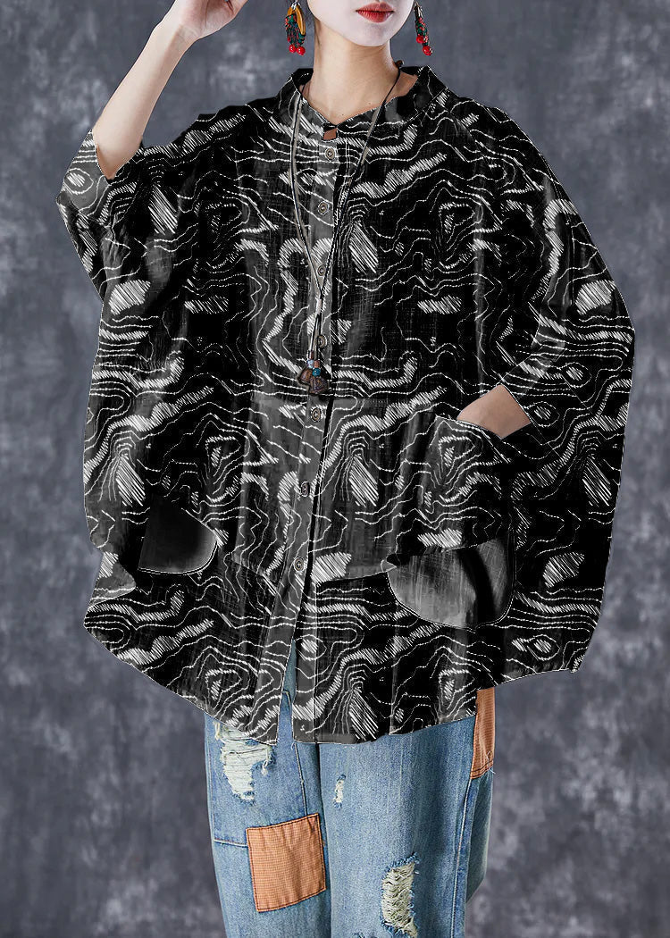Black Stand Collar Patchwork Linen Shirt Tops Batwing Sleeve