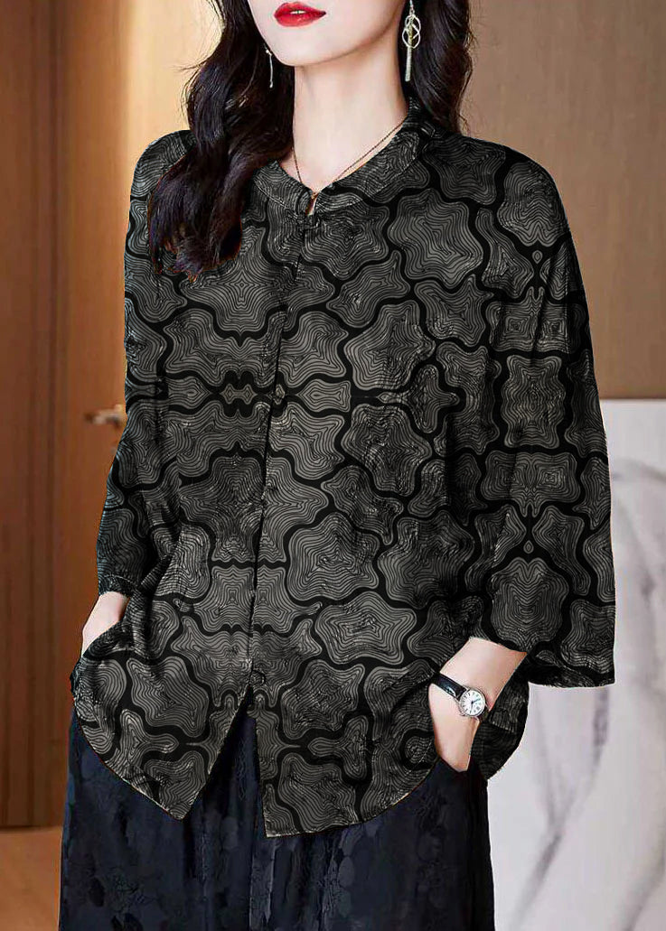 Black- Stand Collar Button Print Patchwork Silk Blouse Top Summer