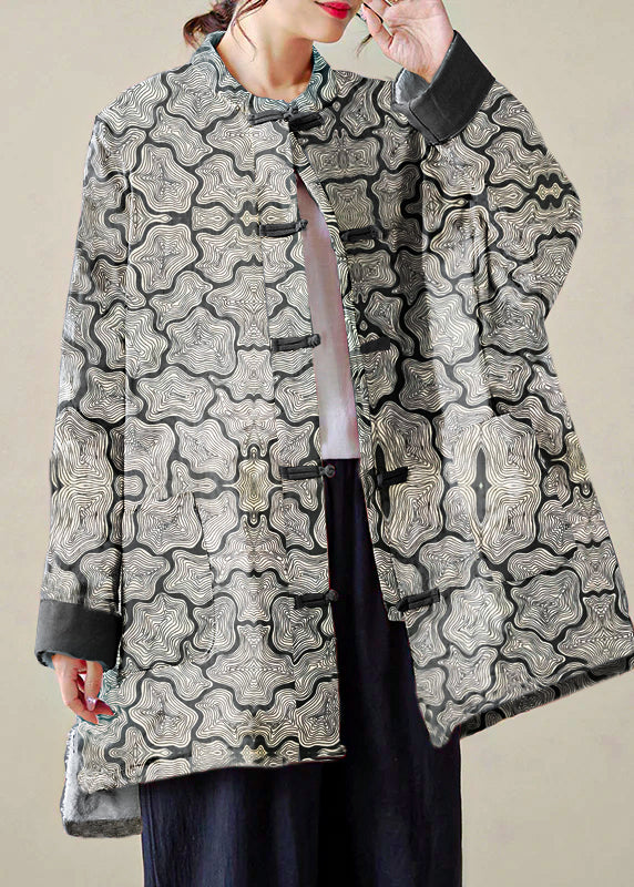 Organic Gray Crane Oversized Print Fine Cotton Filled Coat Outwear Winter