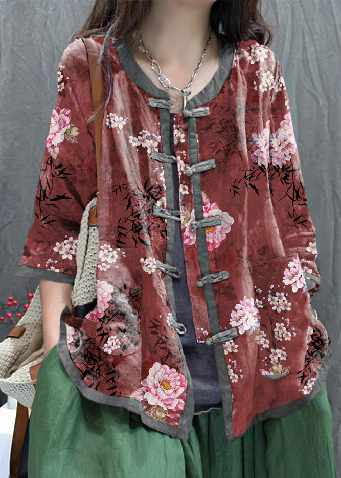 Red Grid Print Chinese Button Cotton Shirt Top Summer