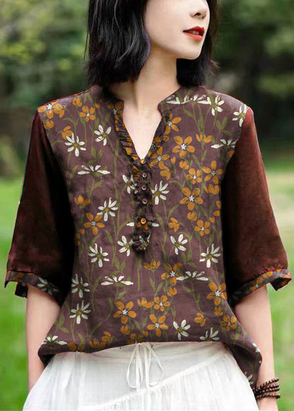 Unique Brown V Neck Embroidered Linen T Shirts Half Sleeve