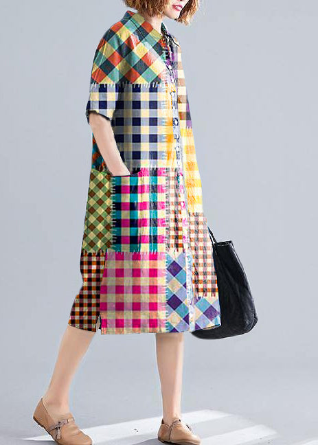 Navy Cotton Quilting Clothes Lapel Pockets Dress