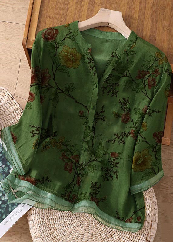Blue Flower Embroidered Button Patchwork Linen Top Bracelet Sleeve