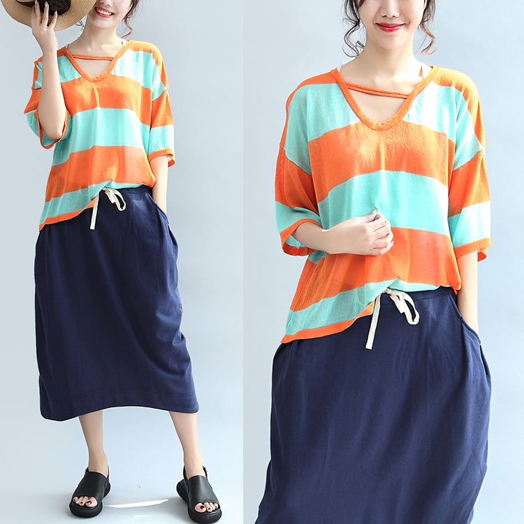 Fall Blue Orange Patchwork Cotton Blouse V Neck T Shirt