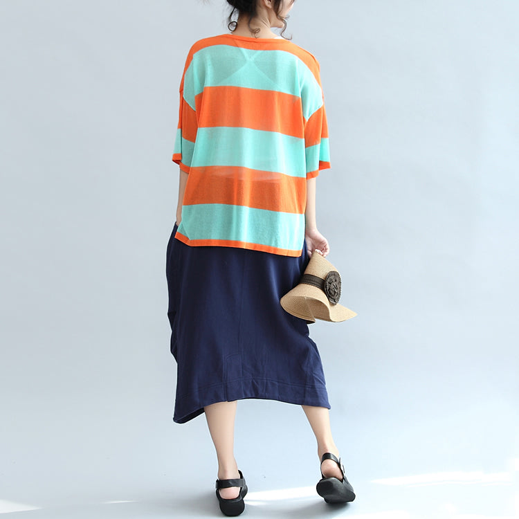 fall 2025 blue orange patchwork cotton blouse plus size v neck t shirt