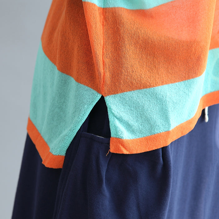 Fall Blue Orange Patchwork Cotton Blouse V Neck T Shirt