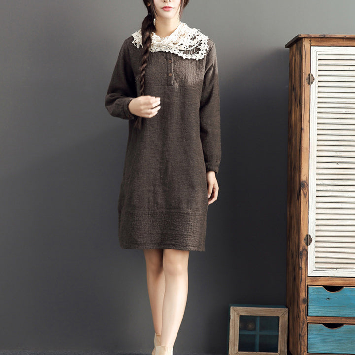 Fall Cotton Warm Dresses Oversize O Neck Linen Dres