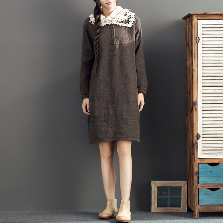 Fall Cotton Warm Dresses Oversize O Neck Linen Dres