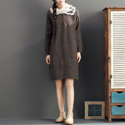 Fall Cotton Warm Dresses Oversize O Neck Linen Dres