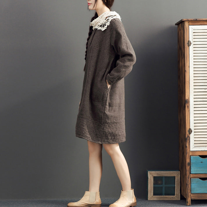 Fall Cotton Warm Dresses Oversize O Neck Linen Dres