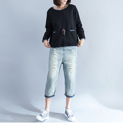 fall 2025 warm cotton chunky tops black casual o neck pullover