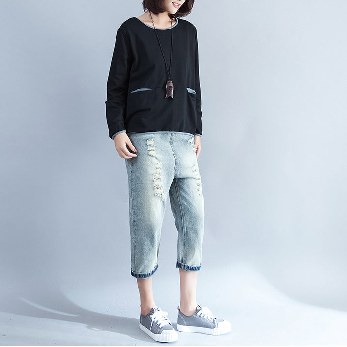 Fall Warm Cotton Chunky Tops Black O Neck Pullover