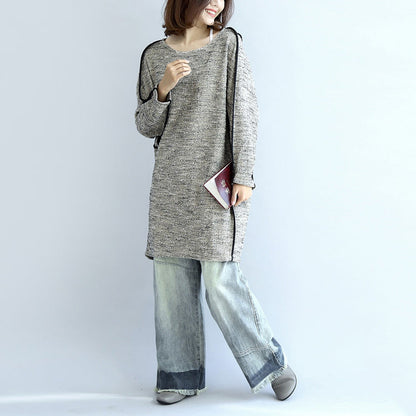 Fall Knit Cotton Dresses Light Gray Long Sleeve Sweater Dress