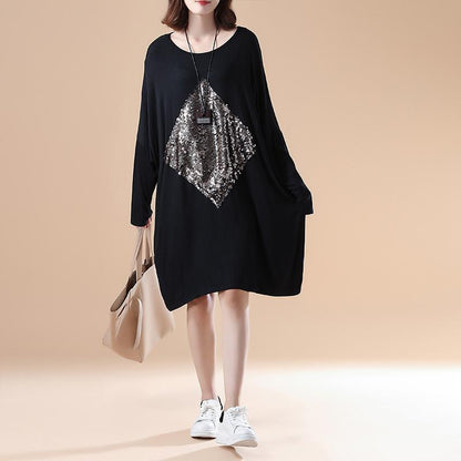 Fall Black Cotton Dresses Oversize Long Sleeve Prints Dress