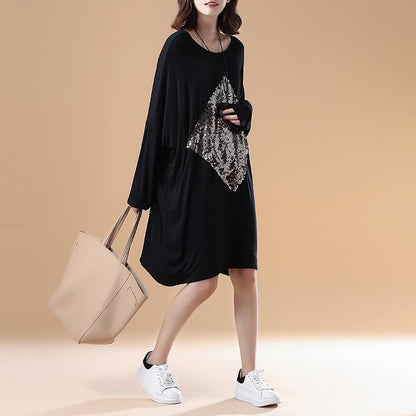Fall Black Cotton Dresses Oversize Long Sleeve Prints Dress