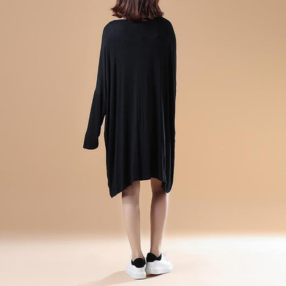 Fall Black Cotton Dresses Oversize Long Sleeve Prints Dress
