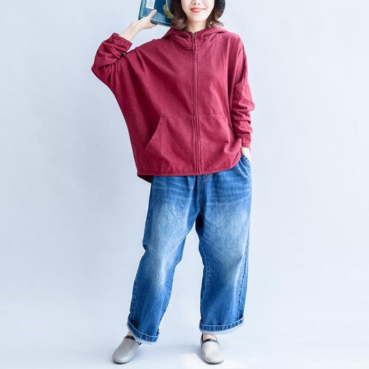 Fall New Red Cotton Short Outwear Back Print Oversize Hooded Zippered Jacket
