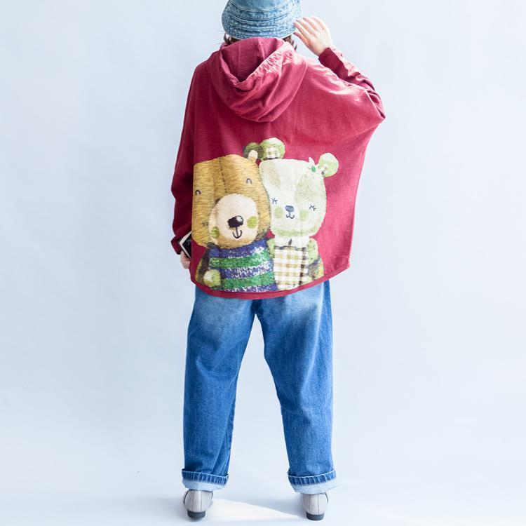 Fall New Red Cotton Short Outwear Back Print Oversize Hooded Zippered Jacket