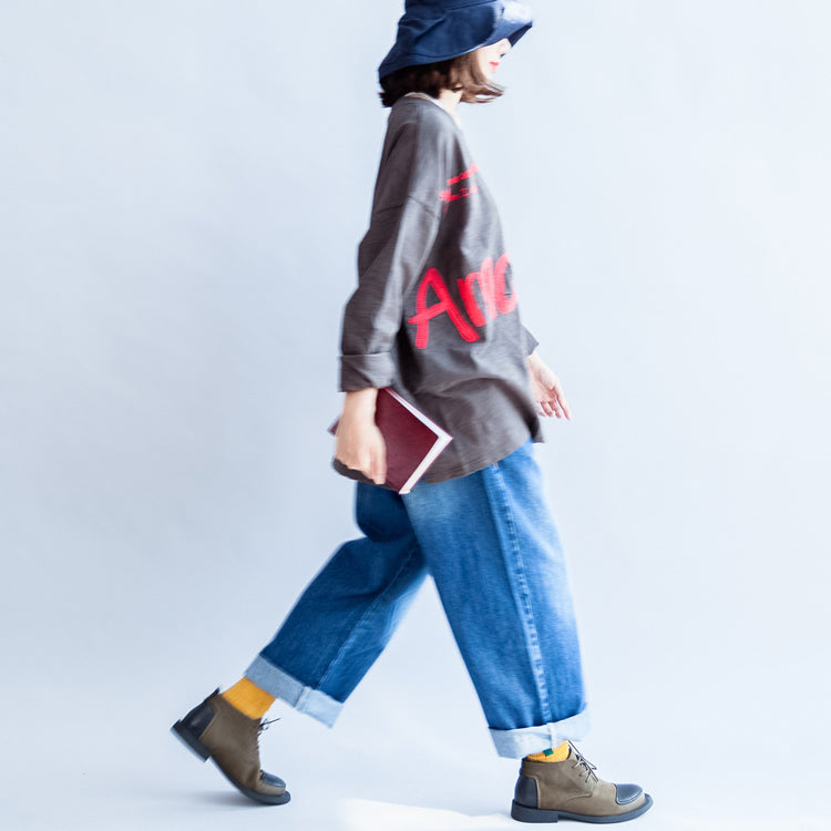 Fall Warm Gray Cotton Embroidery Alphabet Pullover Oversize O Neck T Shirt