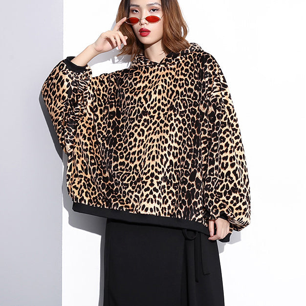 Leopard T Shirt Loose Fitting Hooded Clothing Tops Fine Batwing Sleeve Tops