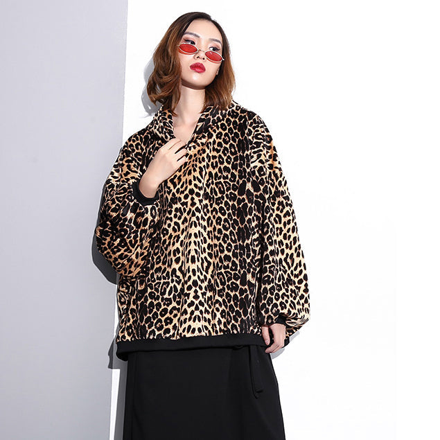 Leopard T Shirt Loose Fitting Hooded Clothing Tops Fine Batwing Sleeve Tops
