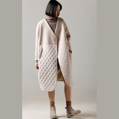 Beige Woolen Coat Medium Length Patchwork V Neck Coat