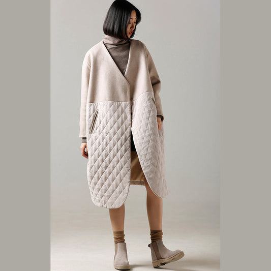 Beige Woolen Coat Medium Length Patchwork V Neck Coat