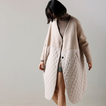 Beige Woolen Coat Medium Length Patchwork V Neck Coat