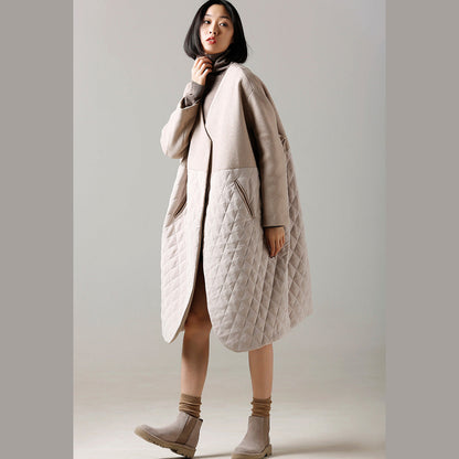 Beige Woolen Coat Medium Length Patchwork V Neck Coat