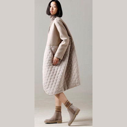 Beige Woolen Coat Medium Length Patchwork V Neck Coat