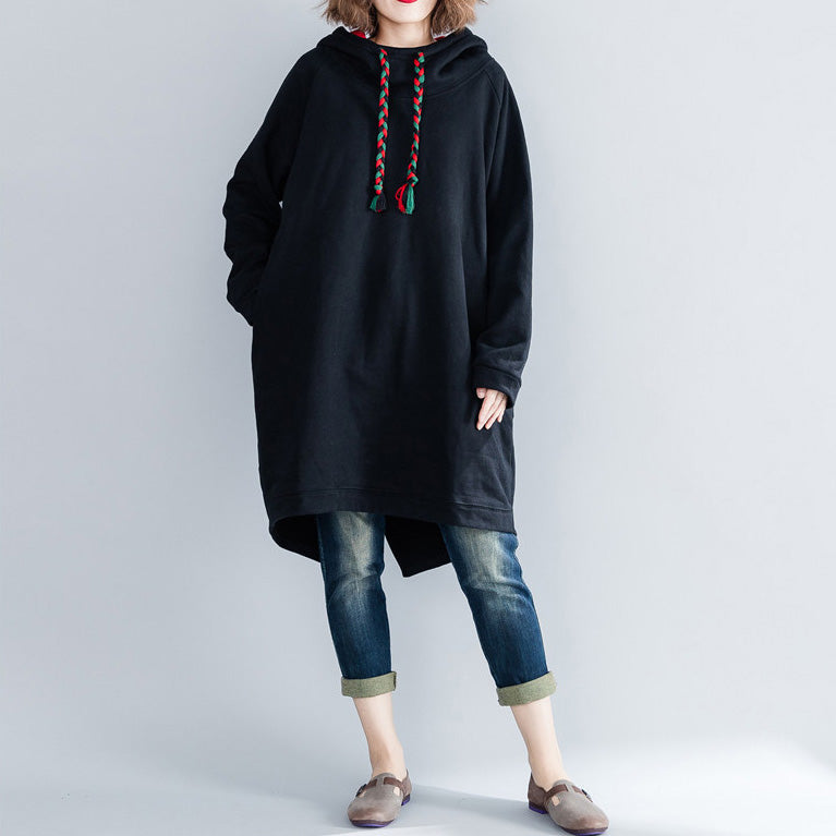 Black Midi Cotton Dresses Oversized Knee Dresses Hooded Traveling Clothing Thick