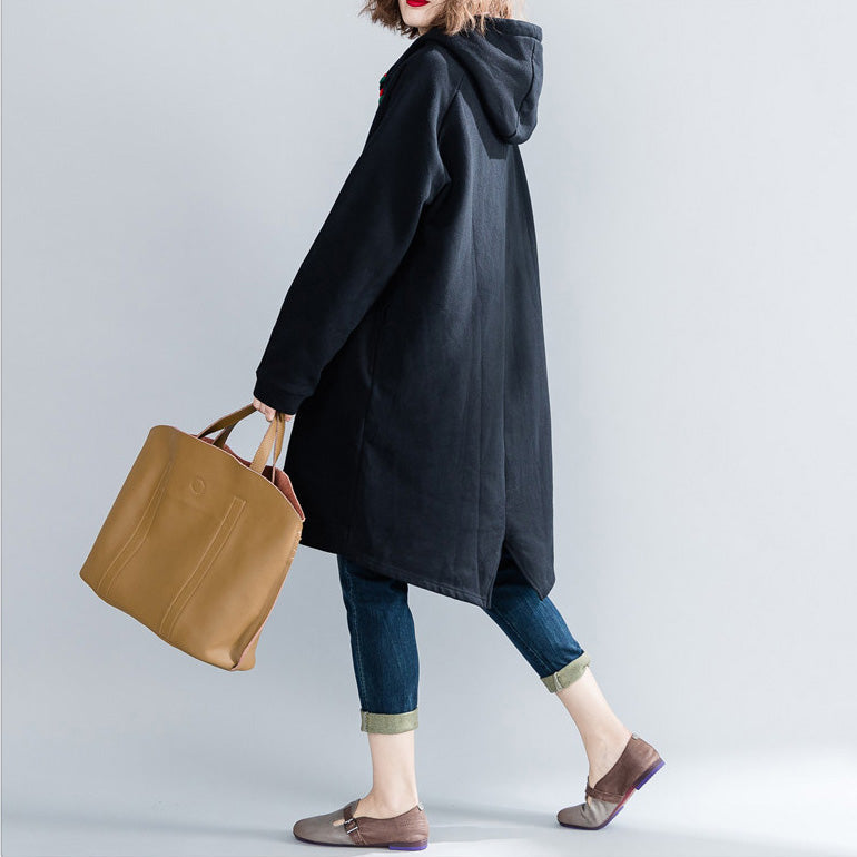 Black Midi Cotton Dresses Oversized Knee Dresses Hooded Traveling Clothing Thick