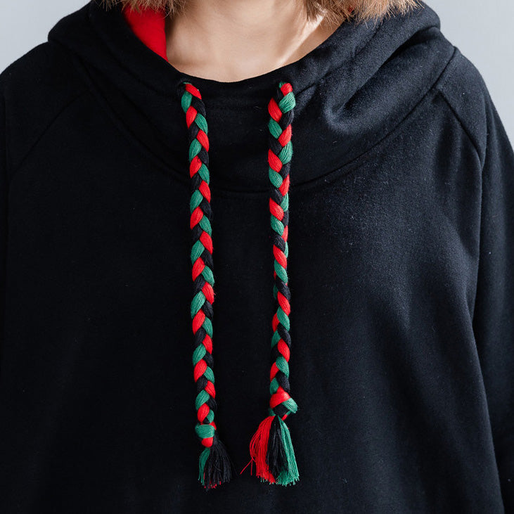 Black Midi Cotton Dresses Oversized Knee Dresses Hooded Traveling Clothing Thick