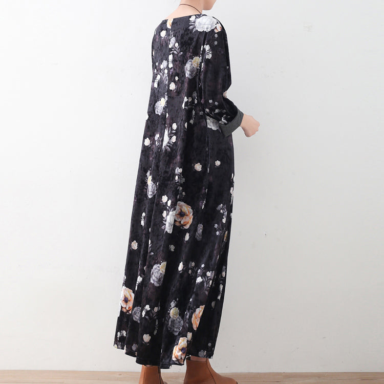 Black Corduroy Dresses Oversize Prints Maxi Dress Boutique Patchwork Kaftans