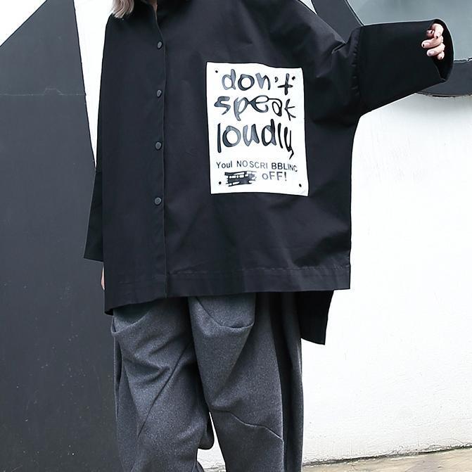 Black Cotton Blended Blouse Loose Fitting Turn-down Collar Asymmetric Cardigan Batwing Sleeve Baggy Cotton Blended Tops
