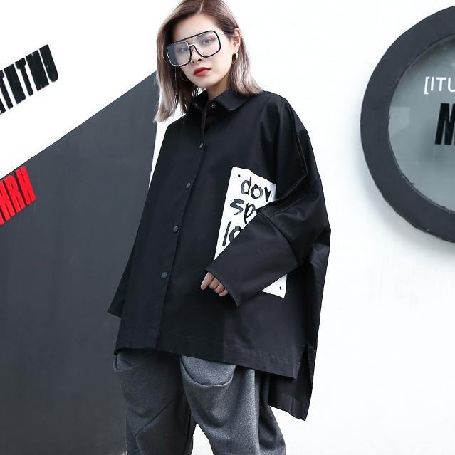 Black Cotton Blended Blouse Loose Fitting Turn-down Collar Asymmetric Cardigan Batwing Sleeve Baggy Cotton Blended Tops